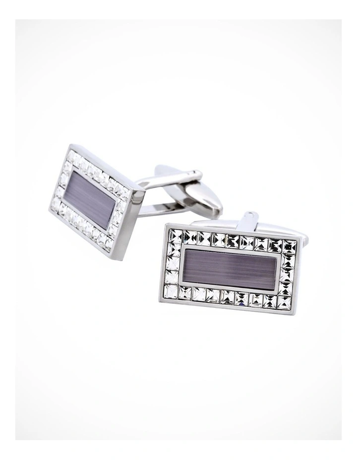 Rhodium Plated Grey Cats Eye & Crystal Rectangle Cufflinks image 3