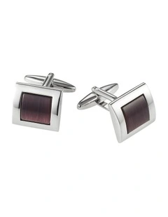 Rhodium Plated Purple Checked Cats Eye Curved Cufflinks