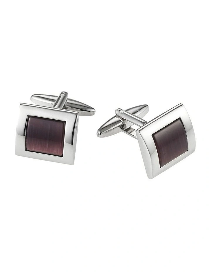 Rhodium Plated Purple Checked Cats Eye Curved Cufflinks image 1