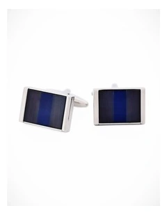 Rhodium Plated Black & Navy Cats Eye Rectangle Cufflinks