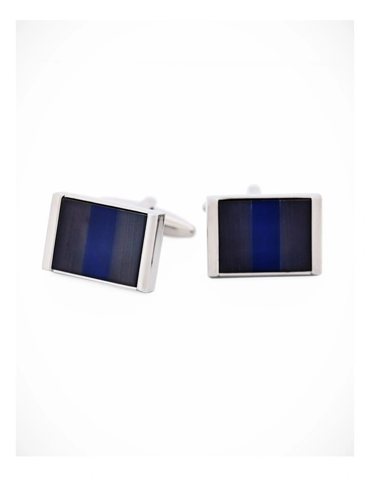 Rhodium Plated Black & Navy Cats Eye Rectangle Cufflinks image 1