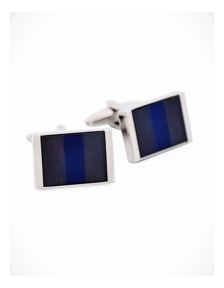 Rhodium Plated Black & Navy Cats Eye Rectangle Cufflinks image 3