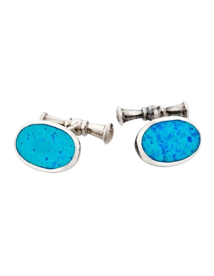 Sterling Silver Oval Cufflinks with Glass Opal Inlay on Chain image 1