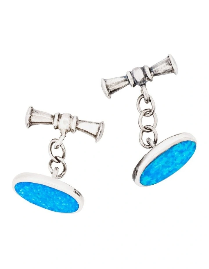 Sterling Silver Oval Cufflinks with Glass Opal Inlay on Chain image 2