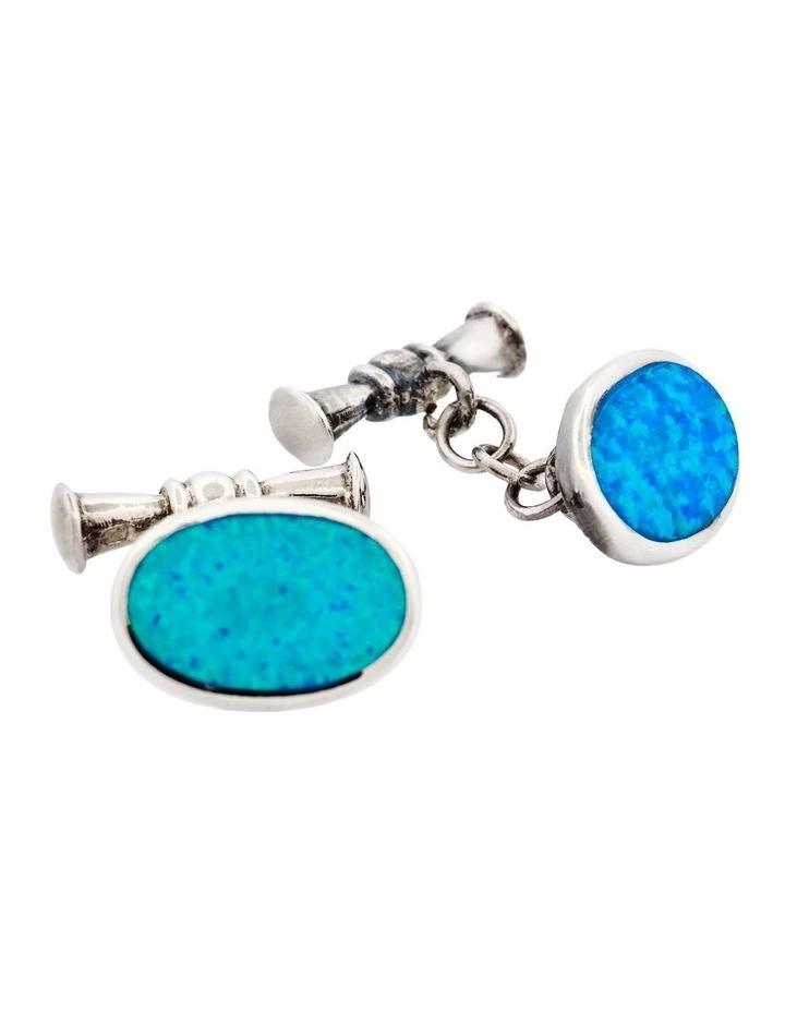 Sterling Silver Oval Cufflinks with Glass Opal Inlay on Chain image 3