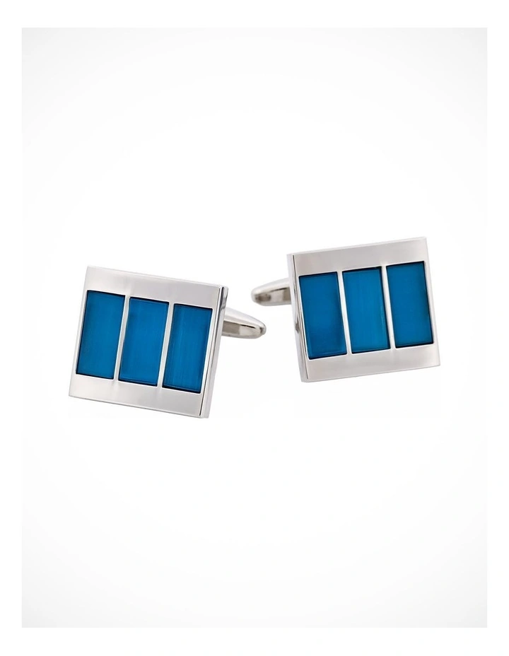 Rhodium Plated Aqua Cats Eye Stripe Cufflinks image 1