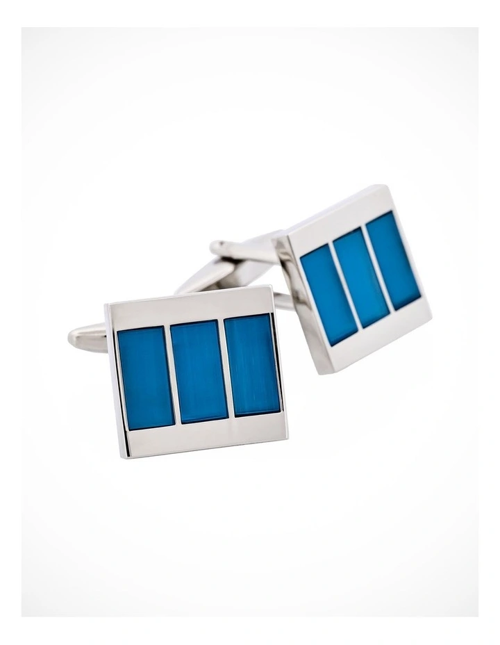 Rhodium Plated Aqua Cats Eye Stripe Cufflinks image 2