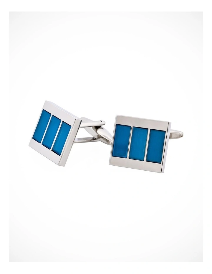 Rhodium Plated Aqua Cats Eye Stripe Cufflinks image 3