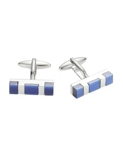 Rhodium Plated Navy Cats Eye Rectangle Cufflinks