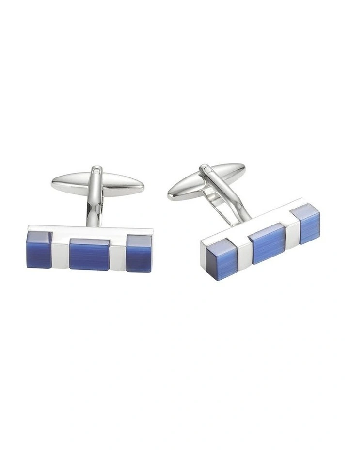 Rhodium Plated Navy Cats Eye Rectangle Cufflinks image 1