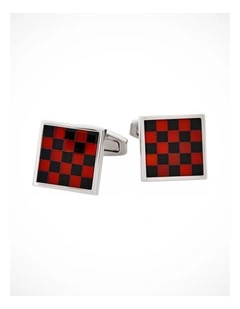 Polished Rhodium Plated Red Agate & Onyx Check Round Cufflinks