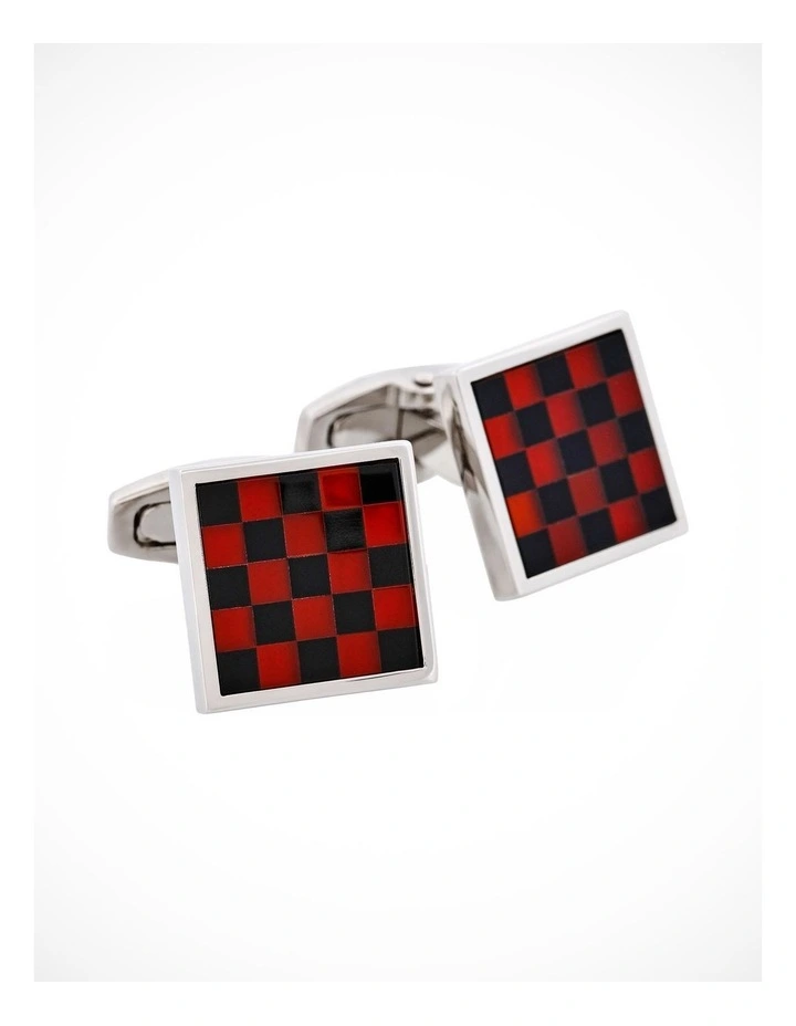 Polished Rhodium Plated Red Agate & Onyx Check Round Cufflinks image 2