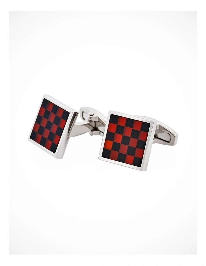 Polished Rhodium Plated Red Agate & Onyx Check Round Cufflinks image 3