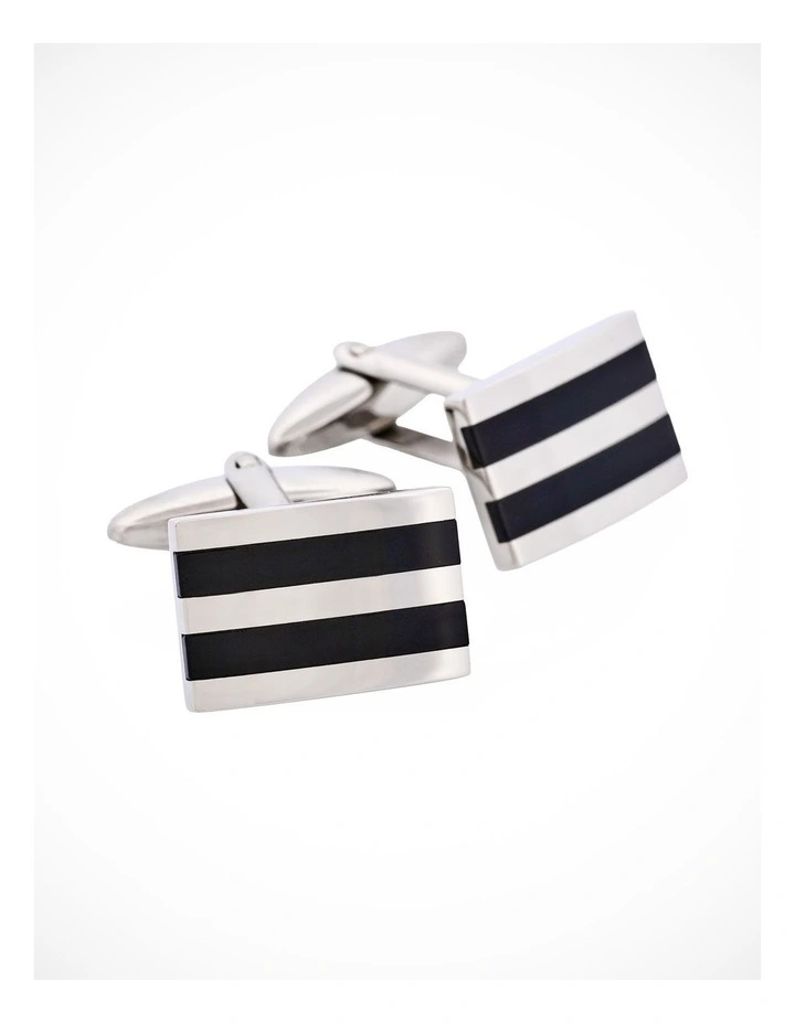 Polished Stainless Steel Ion Plated Black Striped Cufflinks image 2
