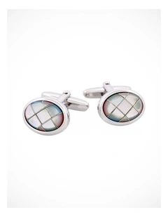 Polished Rhodium Oval Multi Coloured Mother Of Pearl Cross Patterned Cufflinks