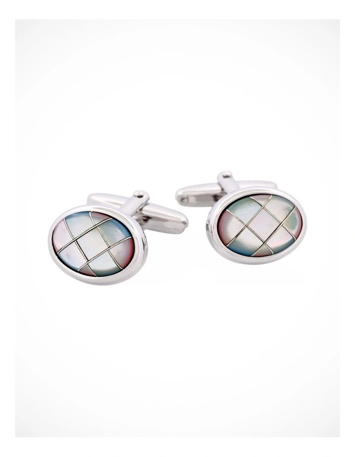 Polished Rhodium Oval Multi Coloured Mother Of Pearl Cross Patterned Cufflinks image 1
