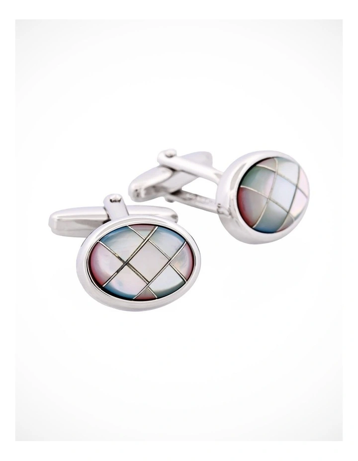 Polished Rhodium Oval Multi Coloured Mother Of Pearl Cross Patterned Cufflinks image 2