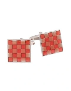 Rhodium Plated Red Check Enamel Square Cufflinks