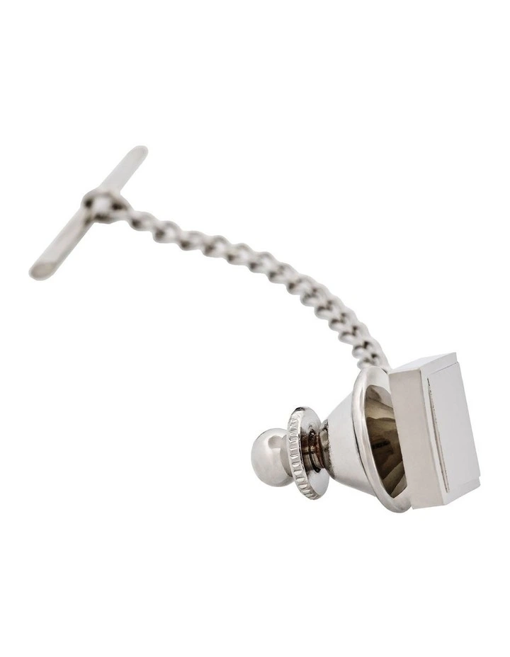 Rhodium Plated Square Tie Tak & Chain image 2