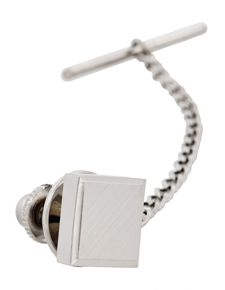 Rhodium Plated Square Tie Tak & Chain image 3