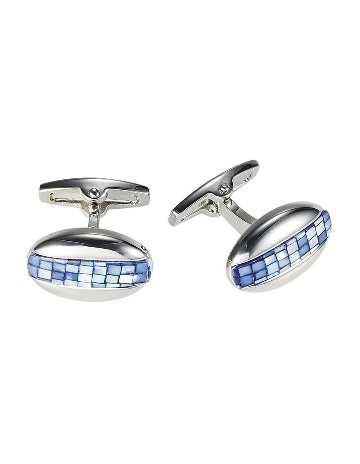 Polished Rhodium Plated Oval Cufflinks with Mosaic Design Blue Mother Of Pearl image 1