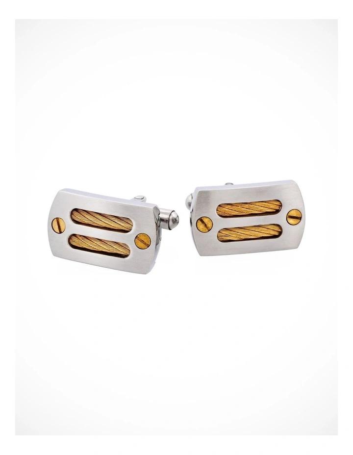 Brushed Stainless Steel & Ion Plated Gold Cable & Screws Cufflinks image 1