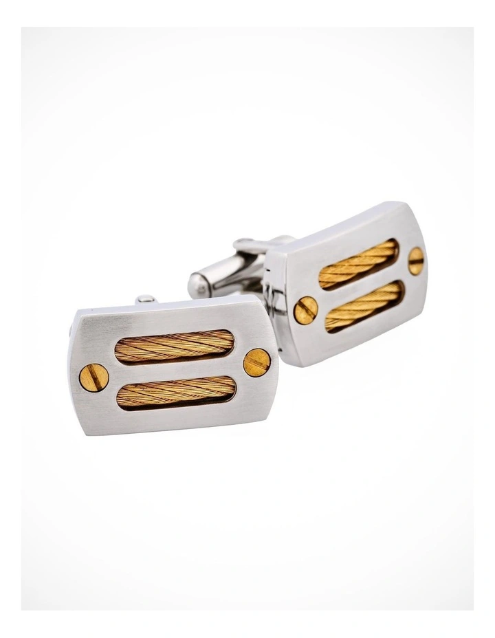 Brushed Stainless Steel & Ion Plated Gold Cable & Screws Cufflinks image 3