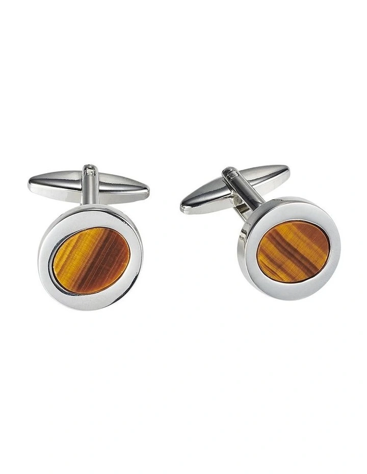 Polished Rhodium Plated Round Cufflinks with Oval Tiger Eye Inlay image 1