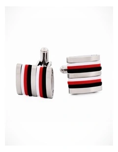 Brushed Stainless Steel Curved Face Cufflinks with Black, Red & White Rubber