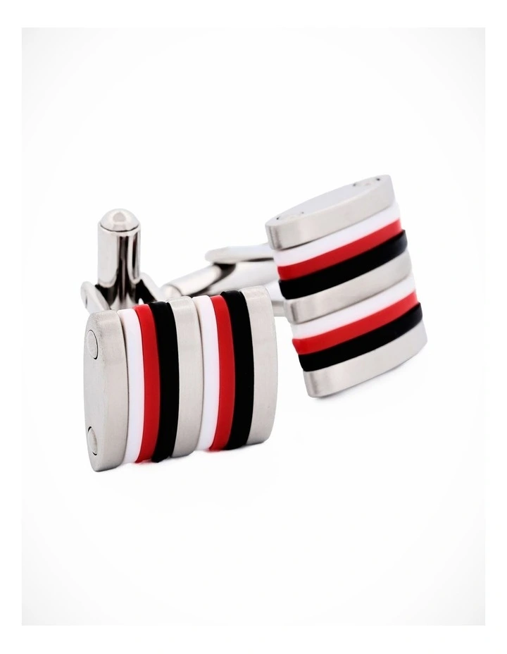 Brushed Stainless Steel Curved Face Cufflinks with Black, Red & White Rubber image 2