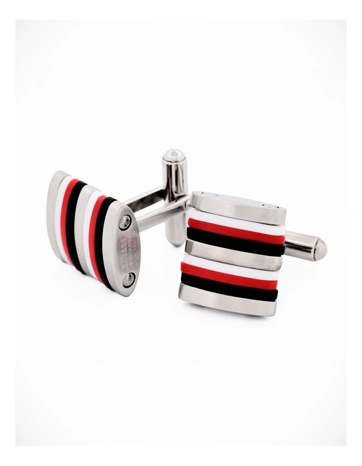 Brushed Stainless Steel Curved Face Cufflinks with Black, Red & White Rubber image 3