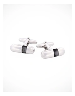 Polished Rhodium Plated Pill Shape with Grey Cats Eye Cufflinks