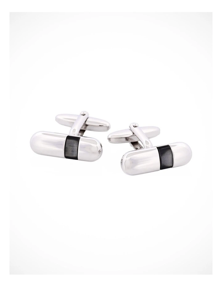 Polished Rhodium Plated Pill Shape with Grey Cats Eye Cufflinks image 1