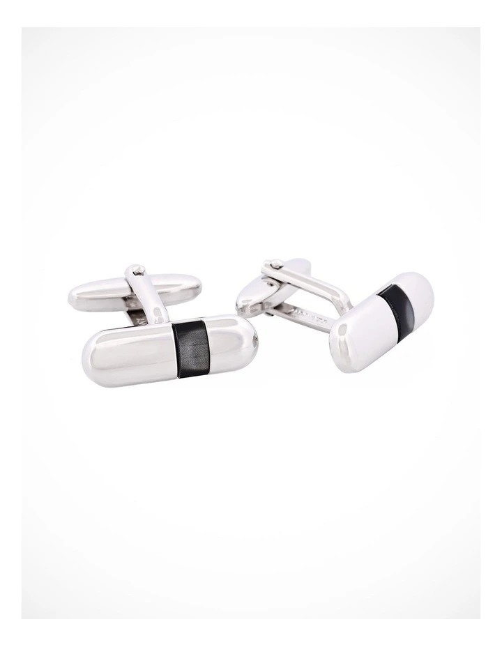Polished Rhodium Plated Pill Shape with Grey Cats Eye Cufflinks image 2