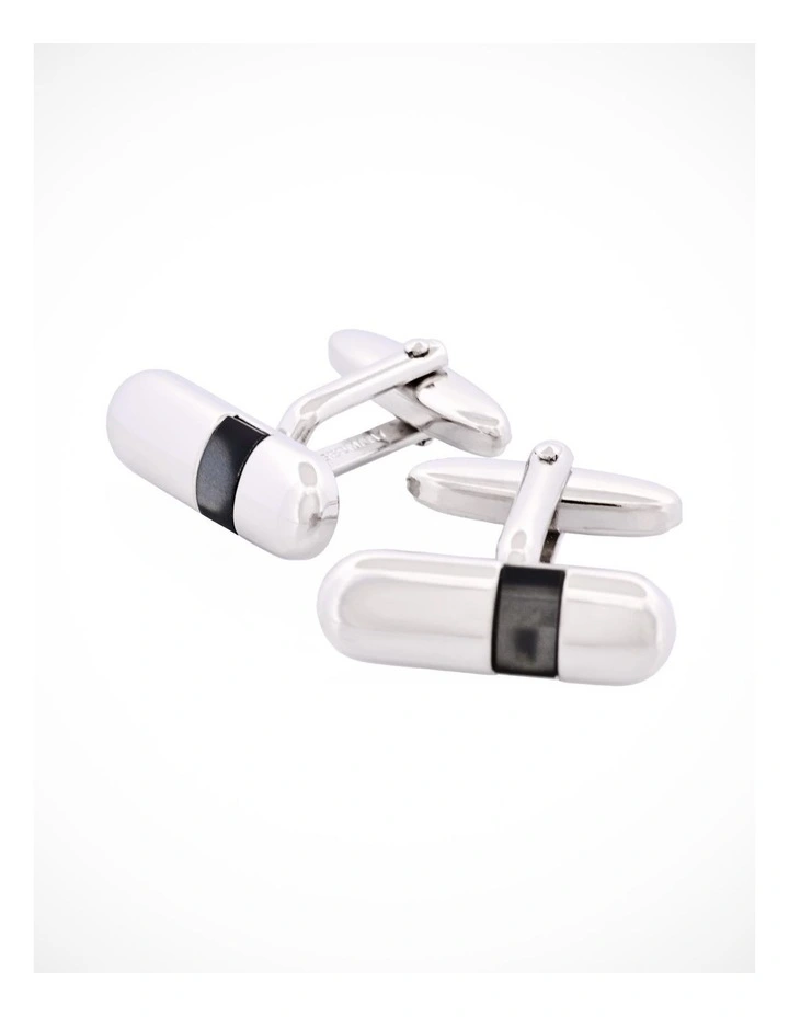 Polished Rhodium Plated Pill Shape with Grey Cats Eye Cufflinks image 3