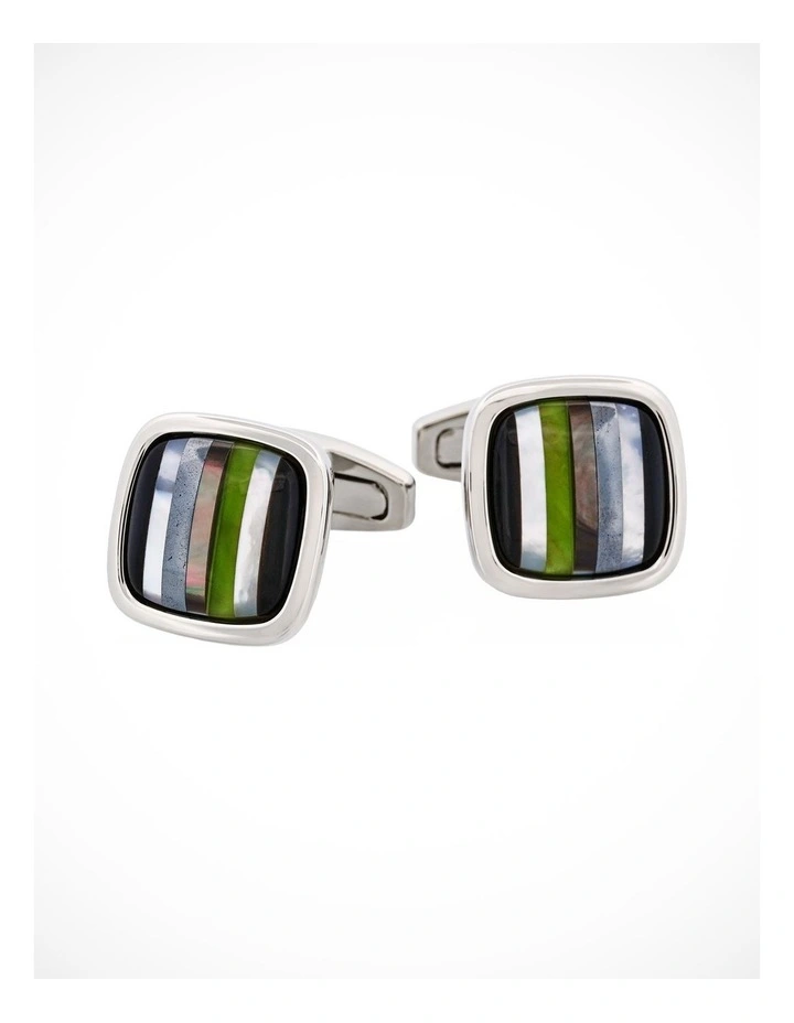 Rhodium & Onyx & Mop & Hemataite & Black Lip & #4 Olivine Glass Cufflinks image 1