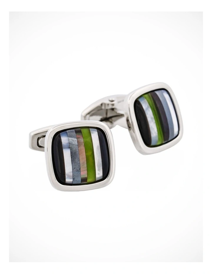 Rhodium & Onyx & Mop & Hemataite & Black Lip & #4 Olivine Glass Cufflinks image 2
