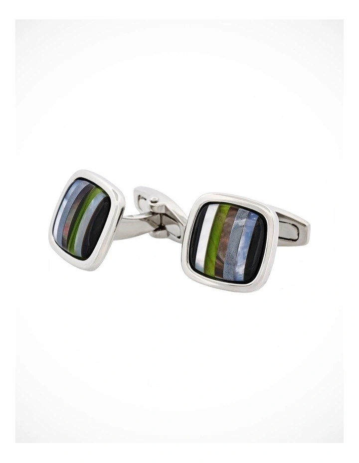Rhodium & Onyx & Mop & Hemataite & Black Lip & #4 Olivine Glass Cufflinks image 3