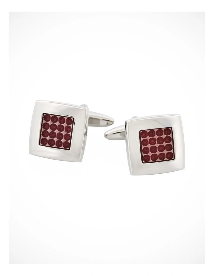 Polished Rhodium Plated Square Cufflinks with Cerise Enamel Centre Inlay image 1