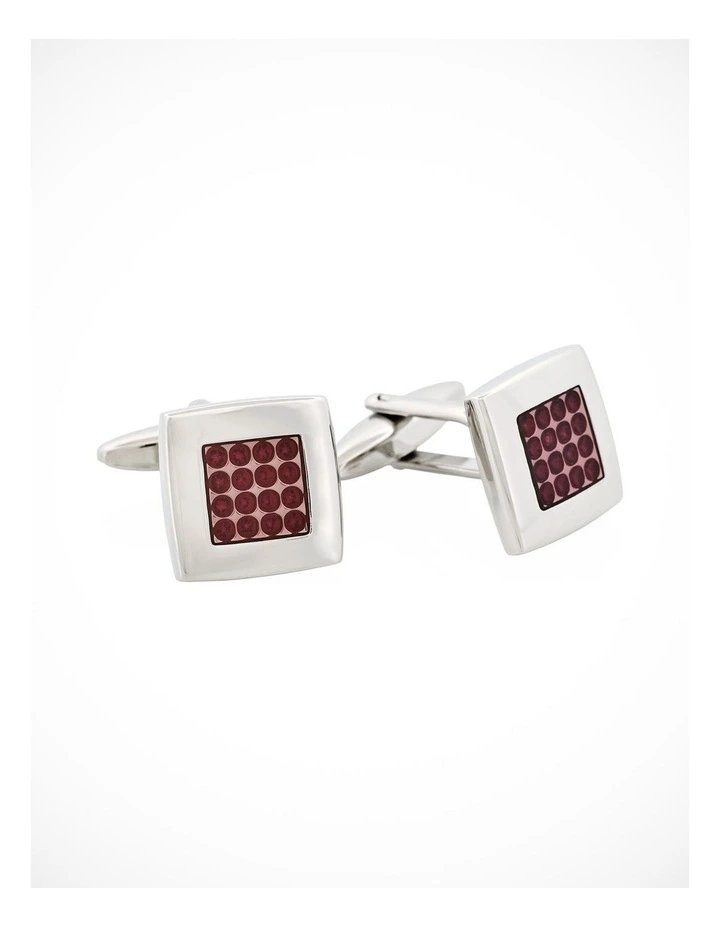 Polished Rhodium Plated Square Cufflinks with Cerise Enamel Centre Inlay image 2