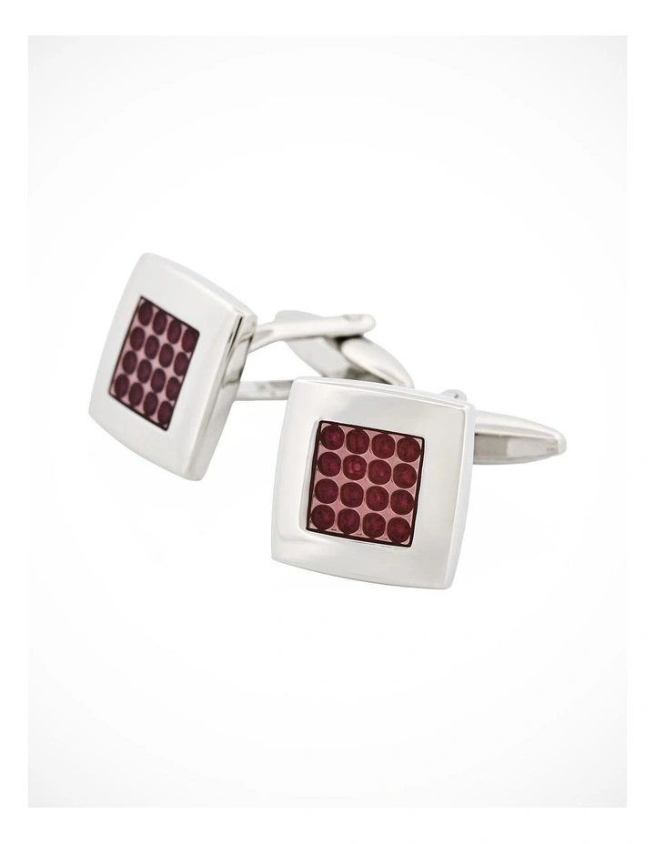 Polished Rhodium Plated Square Cufflinks with Cerise Enamel Centre Inlay image 3