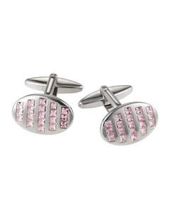 Rhodium Plated Pink Crystal Oval Cufflinks