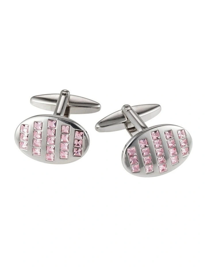 Rhodium Plated Pink Crystal Oval Cufflinks image 1