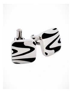 Polished Cushion-Shape Stainless Steel with Black Enamel Swirl Cufflinks