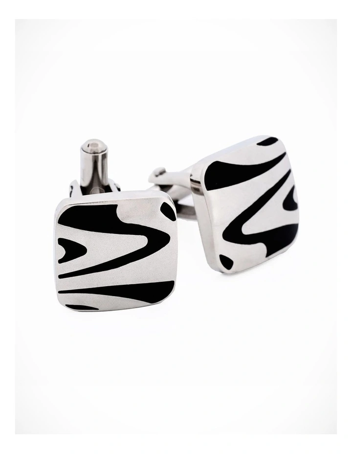 Polished Cushion-Shape Stainless Steel with Black Enamel Swirl Cufflinks image 1