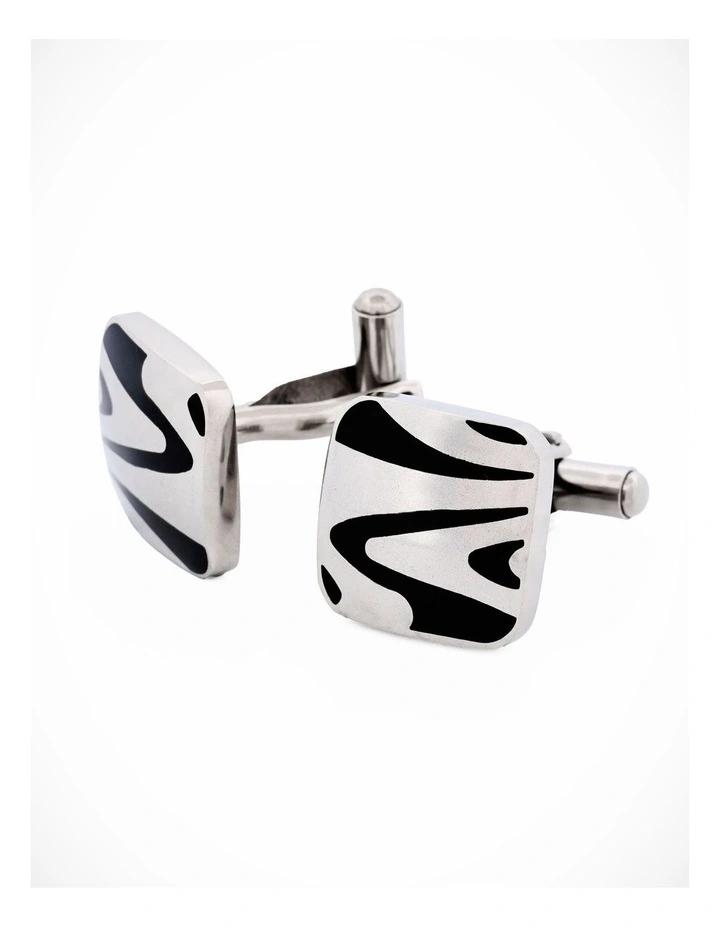Polished Cushion-Shape Stainless Steel with Black Enamel Swirl Cufflinks image 3