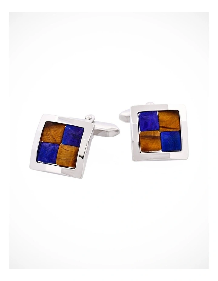 Rhodium Plated & Tiger Eye & Lapis Lazuli Check Cufflinks image 1