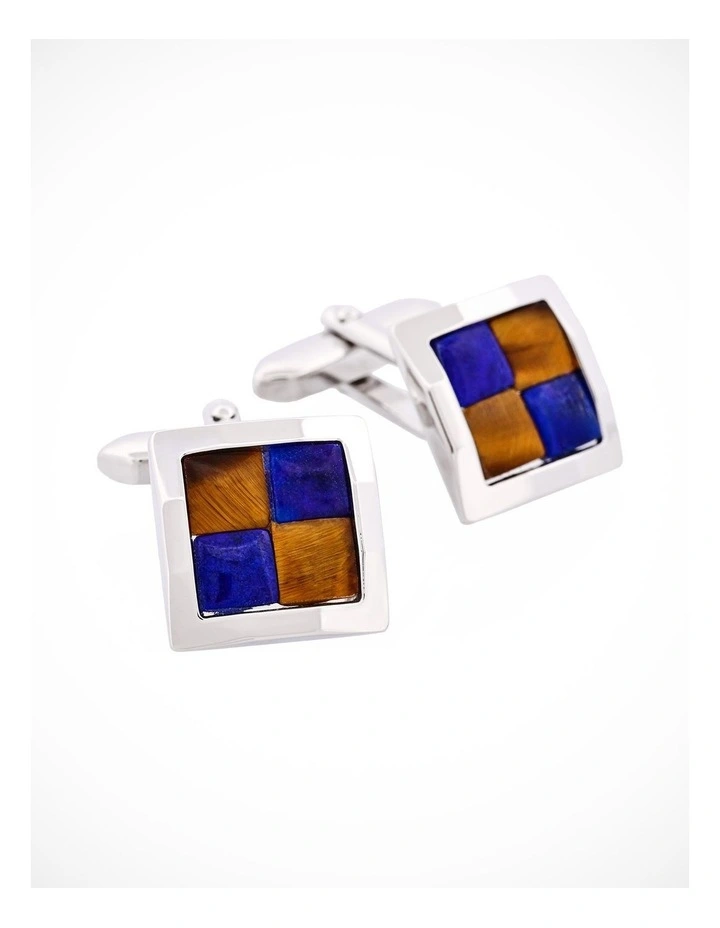 Rhodium Plated & Tiger Eye & Lapis Lazuli Check Cufflinks image 2
