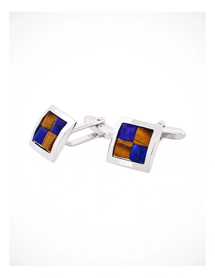 Rhodium Plated & Tiger Eye & Lapis Lazuli Check Cufflinks image 3