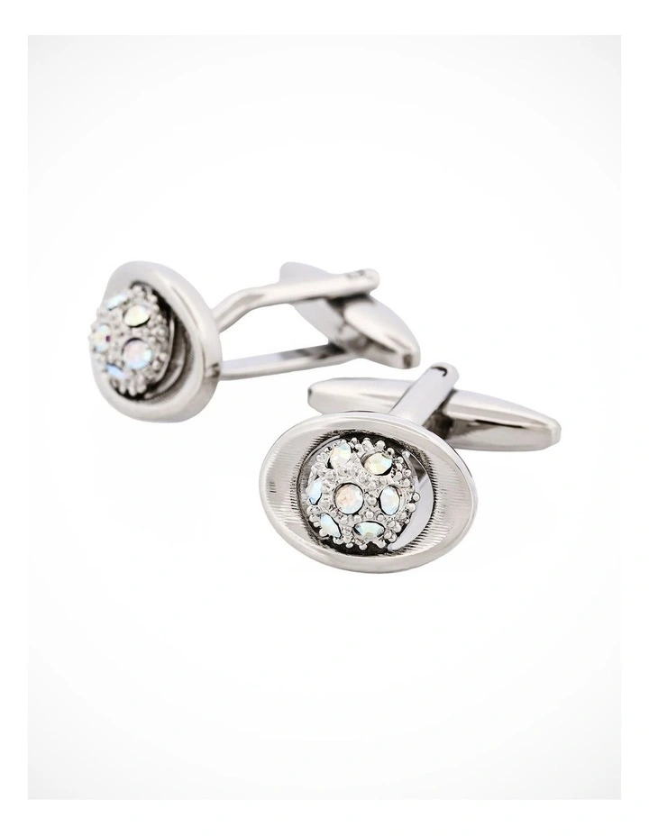 Polished Rhodium Oval Crystal Cufflinks image 3
